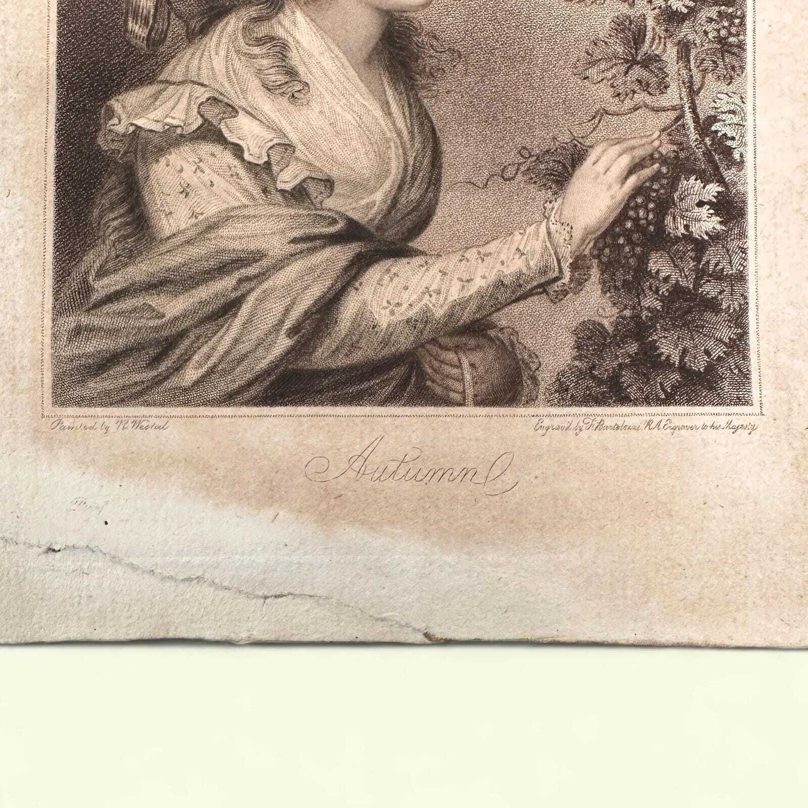 Antique Bartolozzi Stipple Engravings Pair, Proof Print, R. Westall, Seasons, Gilt Frame photo furniture