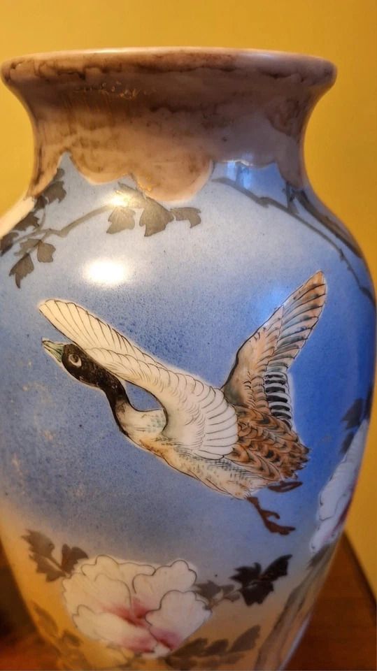 Antique Pair Large Japanese Satsuma Vases Depicts Geese & Blossoms Meiji Period photo for sale