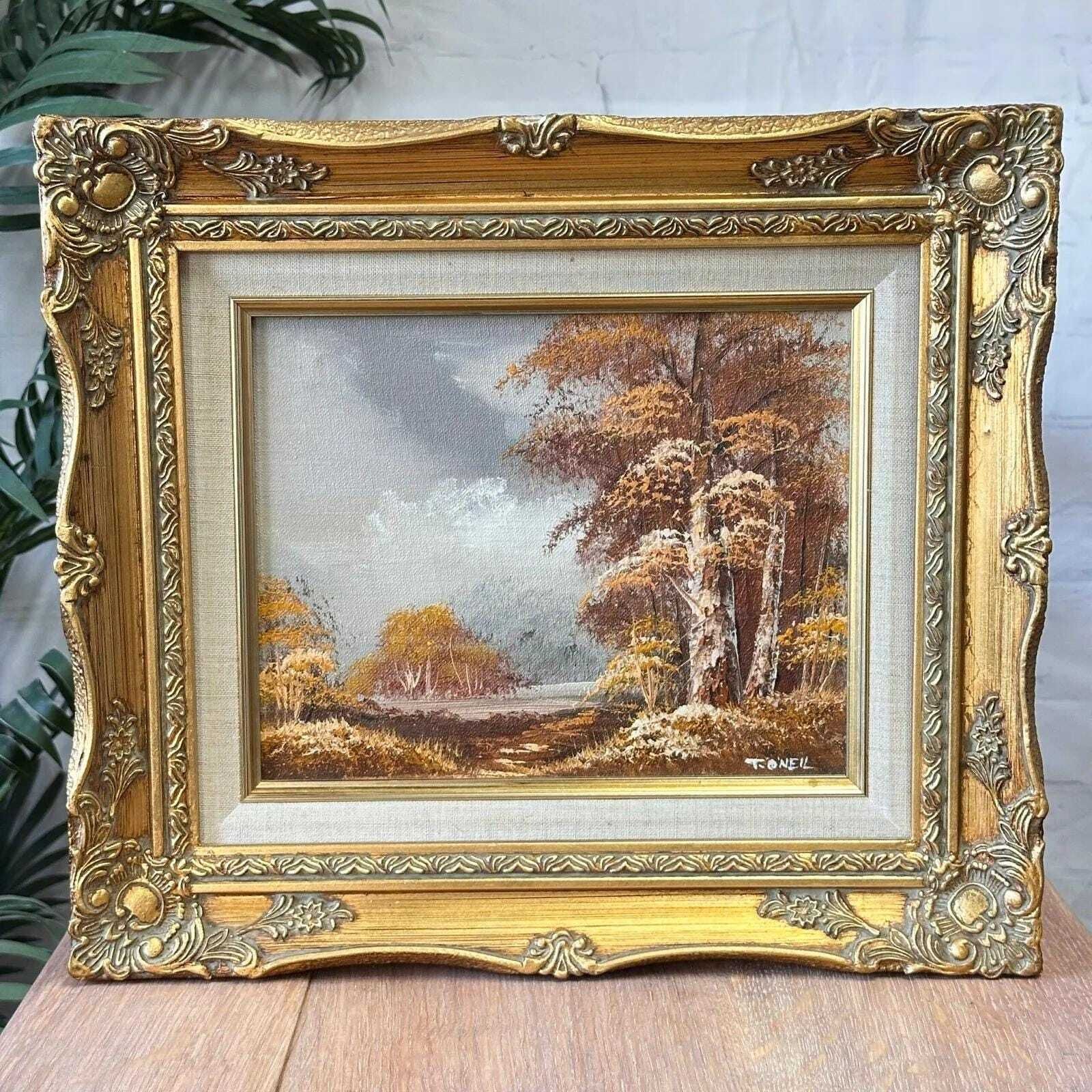 Vintage Signed T. O'neil Oil Painting Landscape In Ornate Gold Gilt Frame photo furniture