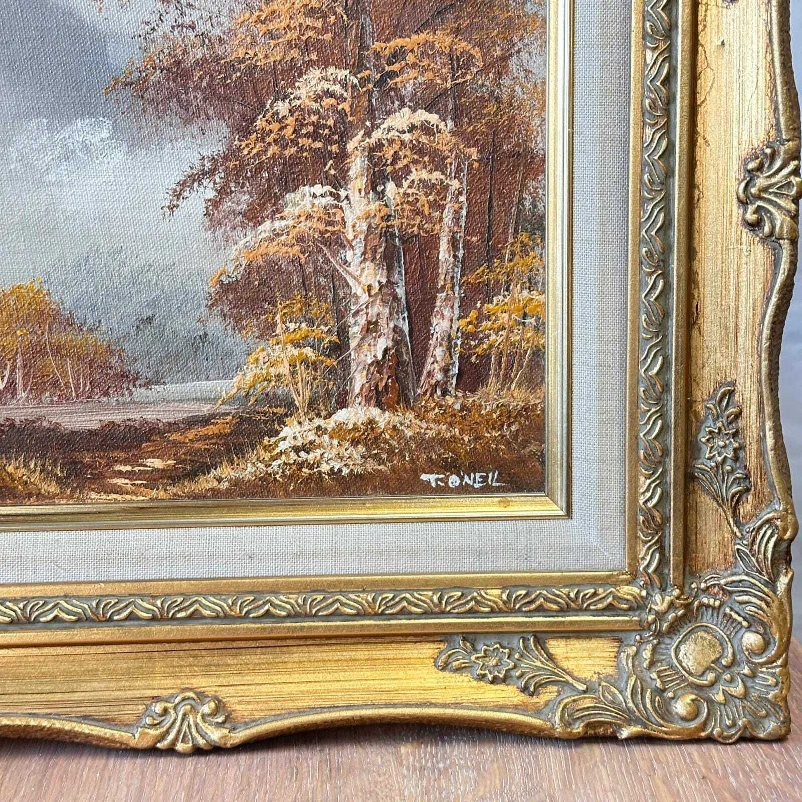 78.0 Vintage Signed T. O'neil Oil Painting Landscape In Ornate Gold Gilt Frame photo