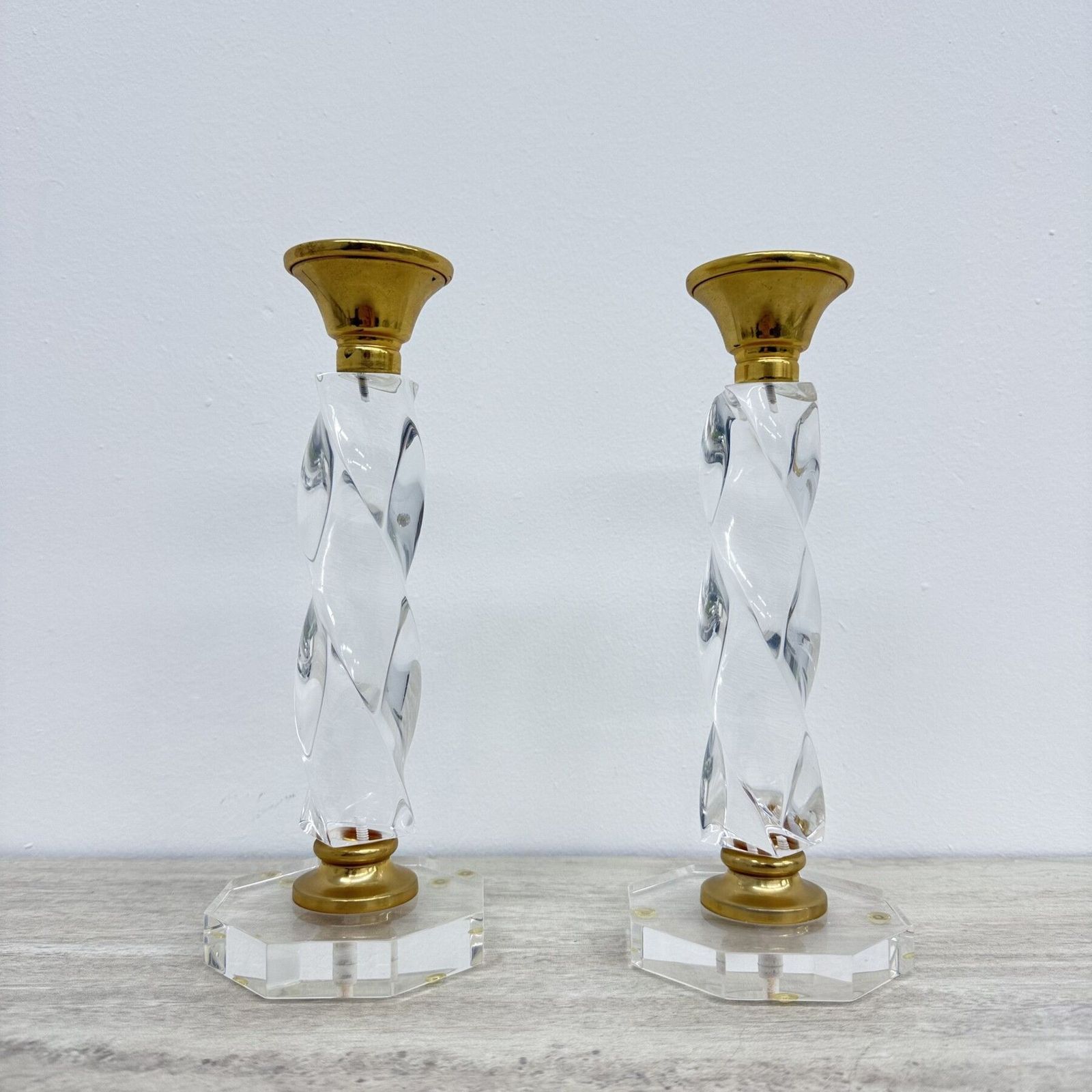 photo furniture Set Of 2 Lucite Twisted Candle Sticks, 1970’s