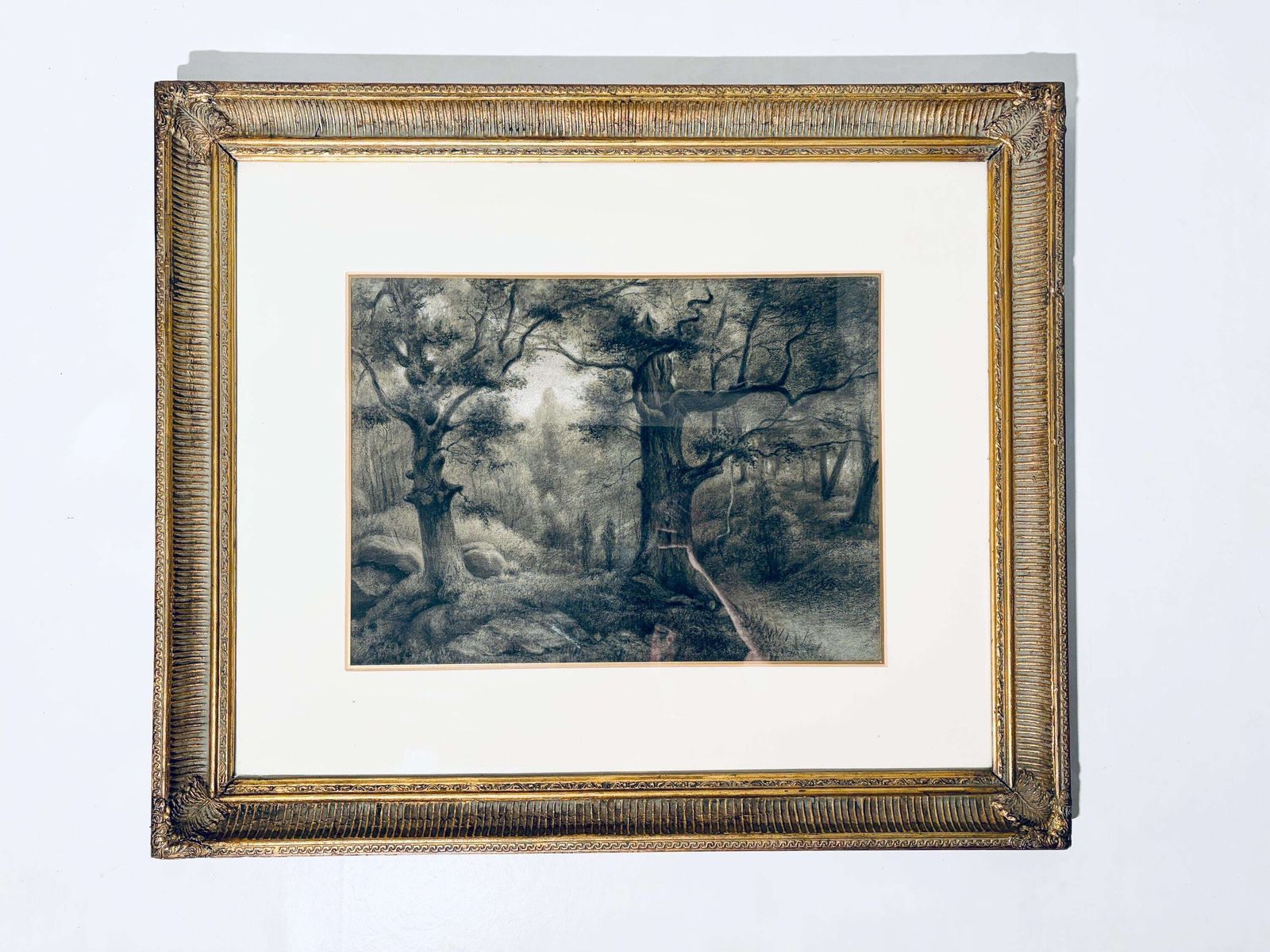 Large Auguste Allongé 1800s Charcoal Painting With Antique Frame / French Art