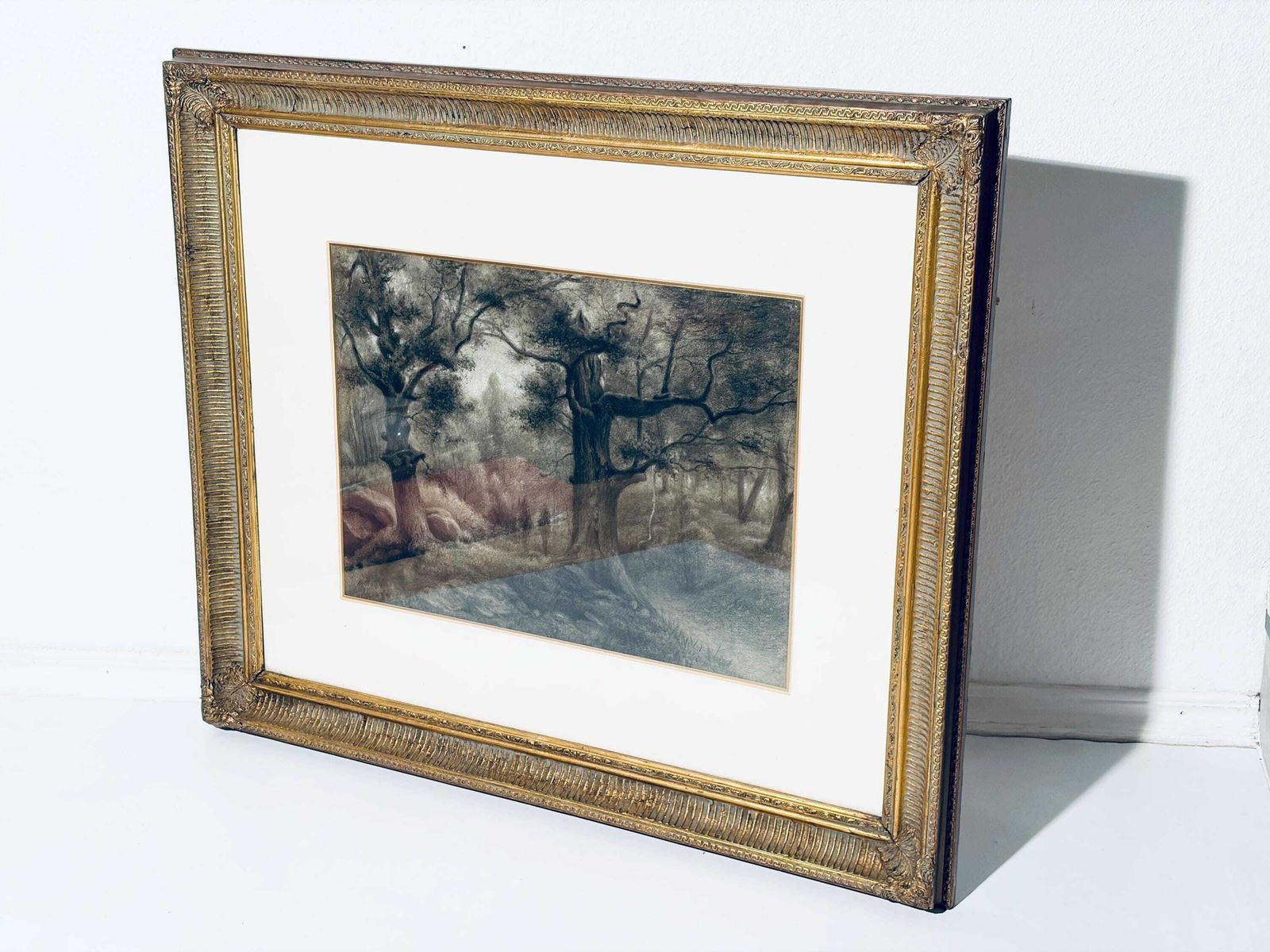 Large Auguste Allongé 1800s Charcoal Painting With Antique Frame / French Art photo for sale
