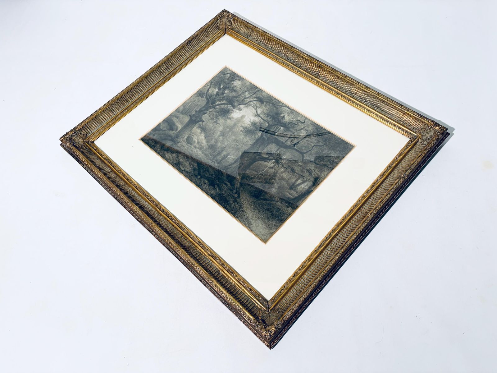 Large Auguste Allongé 1800s Charcoal Painting With Antique Frame / French Art photo vintage