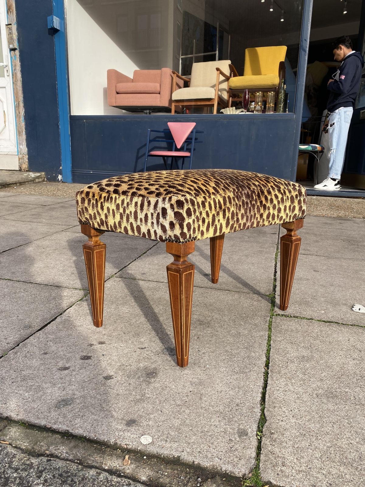 photo vintage 1950s Paolo Buffa Stool In Silk Velvet Cheetah By Jim Thompson Seat Italy Restored And Upholstered