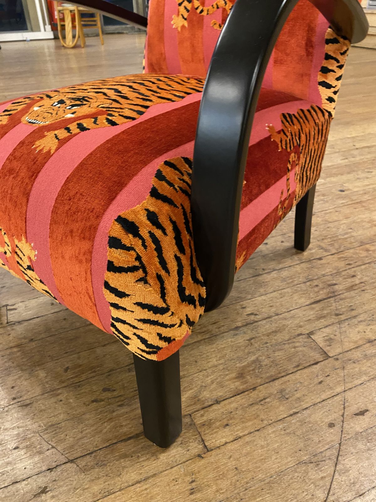 photo vinterior 1940s Art Deco Armchair Bentwood Ebonised Pink Schumacher Jokhang Tiger Velvet Animal Thibet