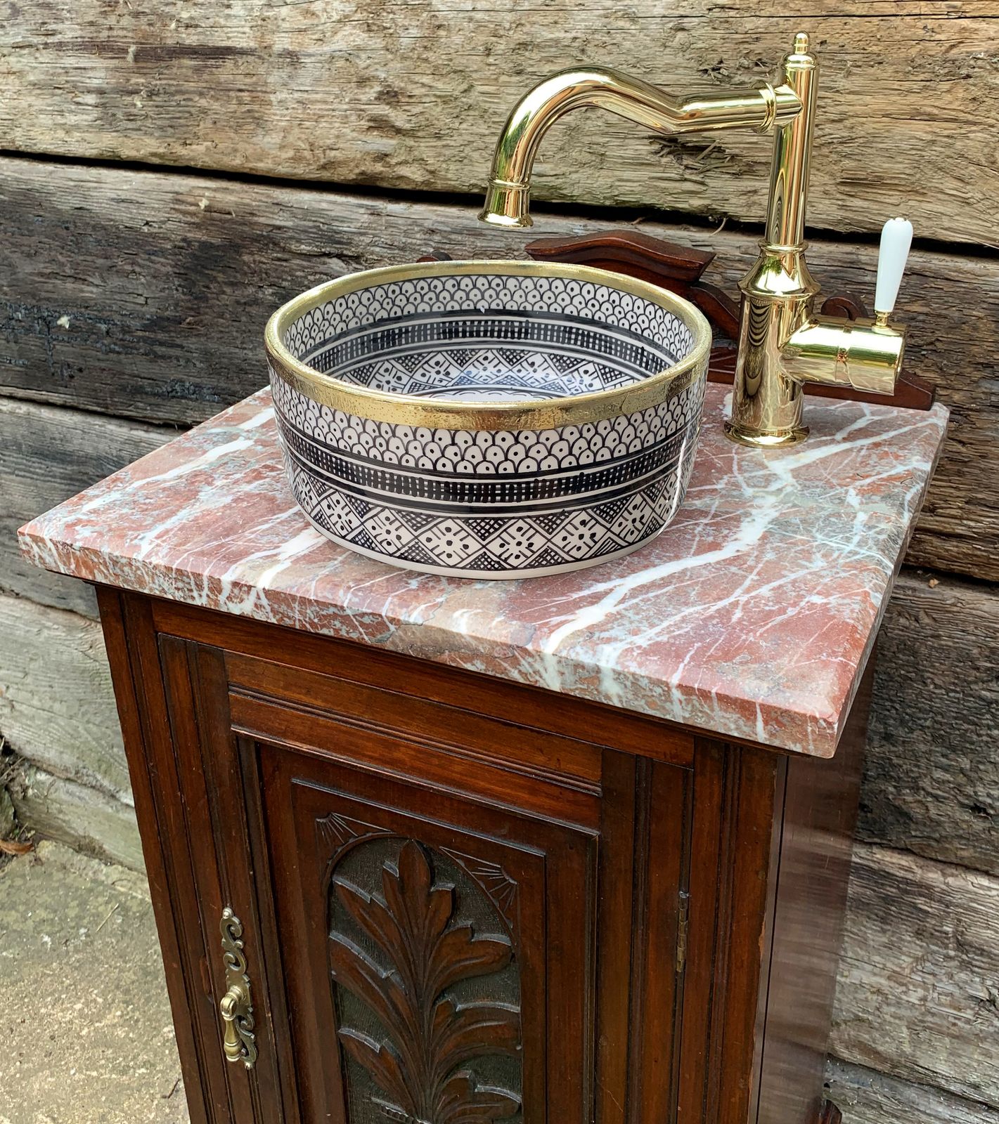 Antique Oak Marble Top Vanity Unit With Brass Tap And Sink photo furniture