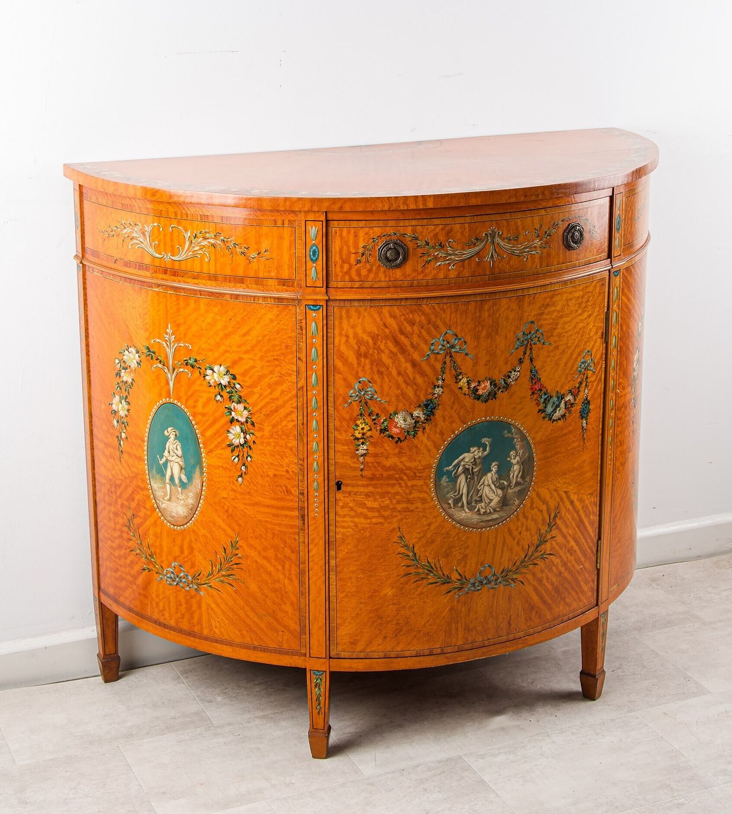 Edwardian Satinwood Painted Demi Lune Commode With Classical Decoration, C.1900 photo Furniture
