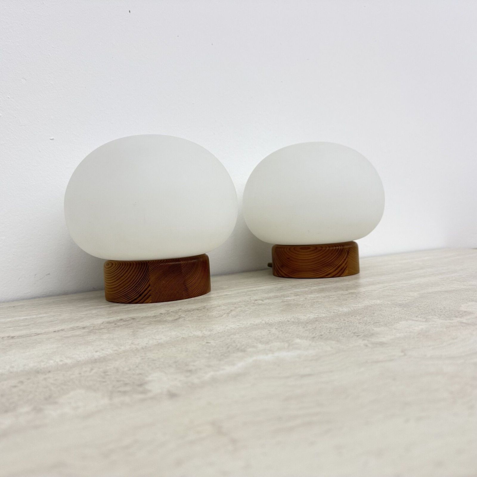 Set Of 2 Pine Wood And Opaline Glass Table Lamps , 1970s photo vintage