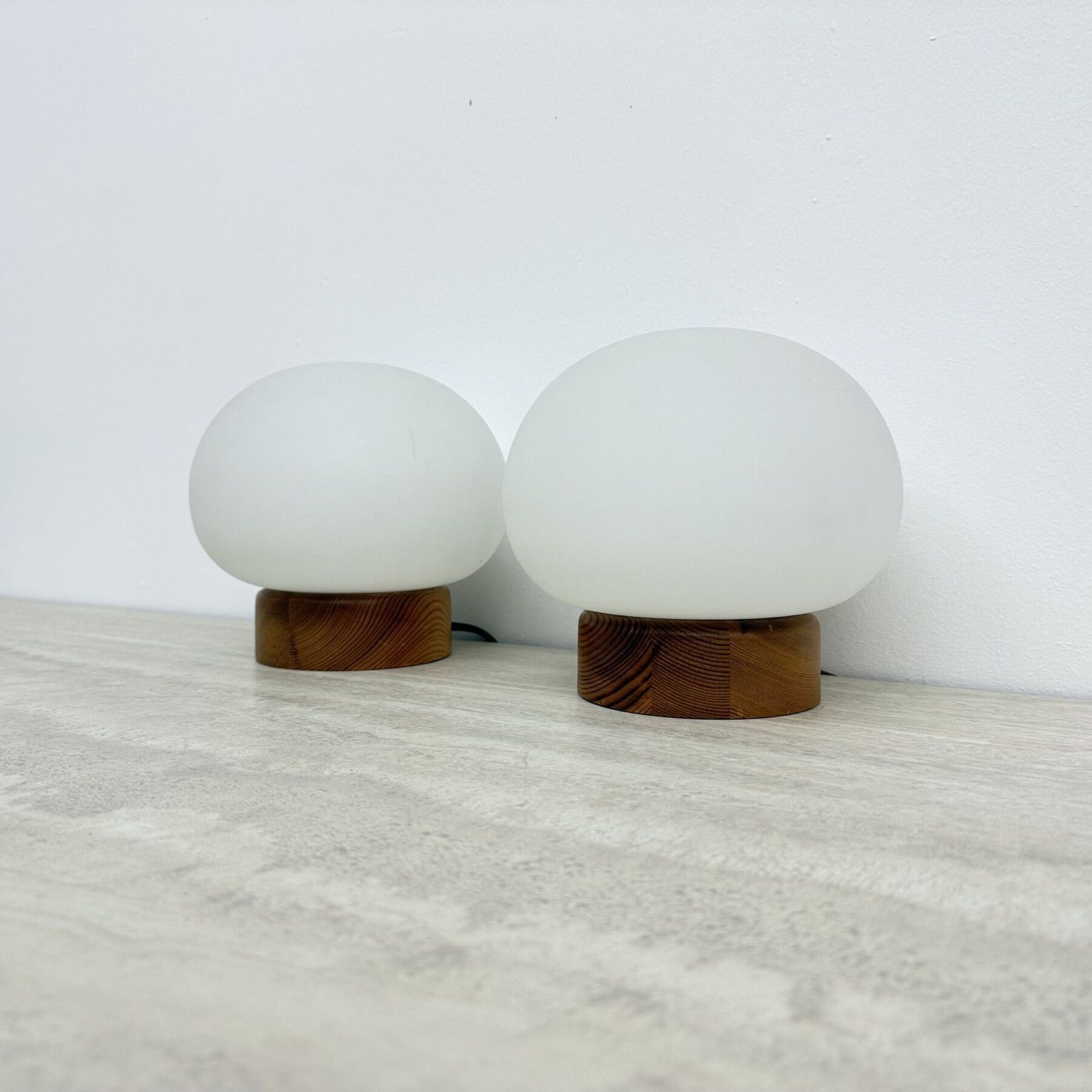 377.0 Set Of 2 Pine Wood And Opaline Glass Table Lamps , 1970s photo