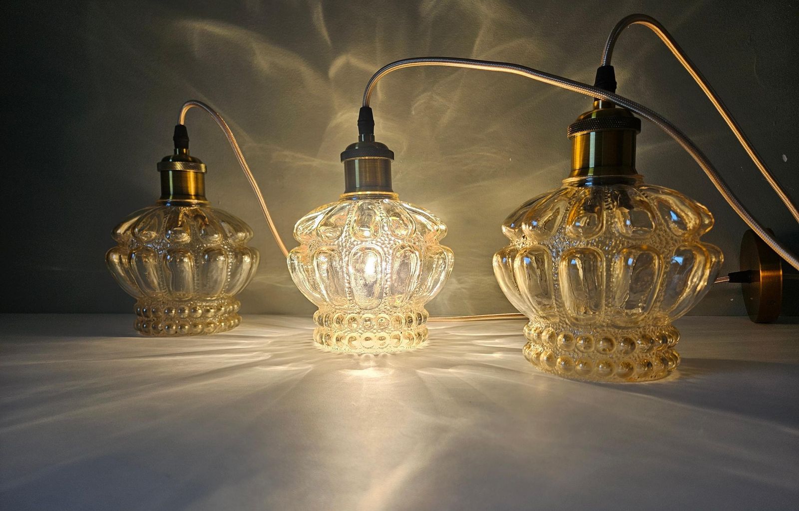 Set Of 3 / Vintage Textured Glass Pendant Light – Clear Bubble Glass, Mid Century Style, Amber Glass photo furniture