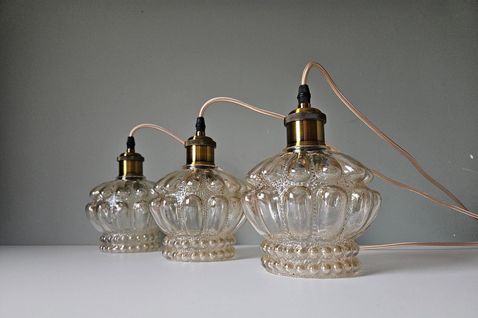 1 Of 3 / Vintage Textured Glass Pendant Light – Clear Bubble Glass, Mid Century Style, Amber Glass photo vinterior