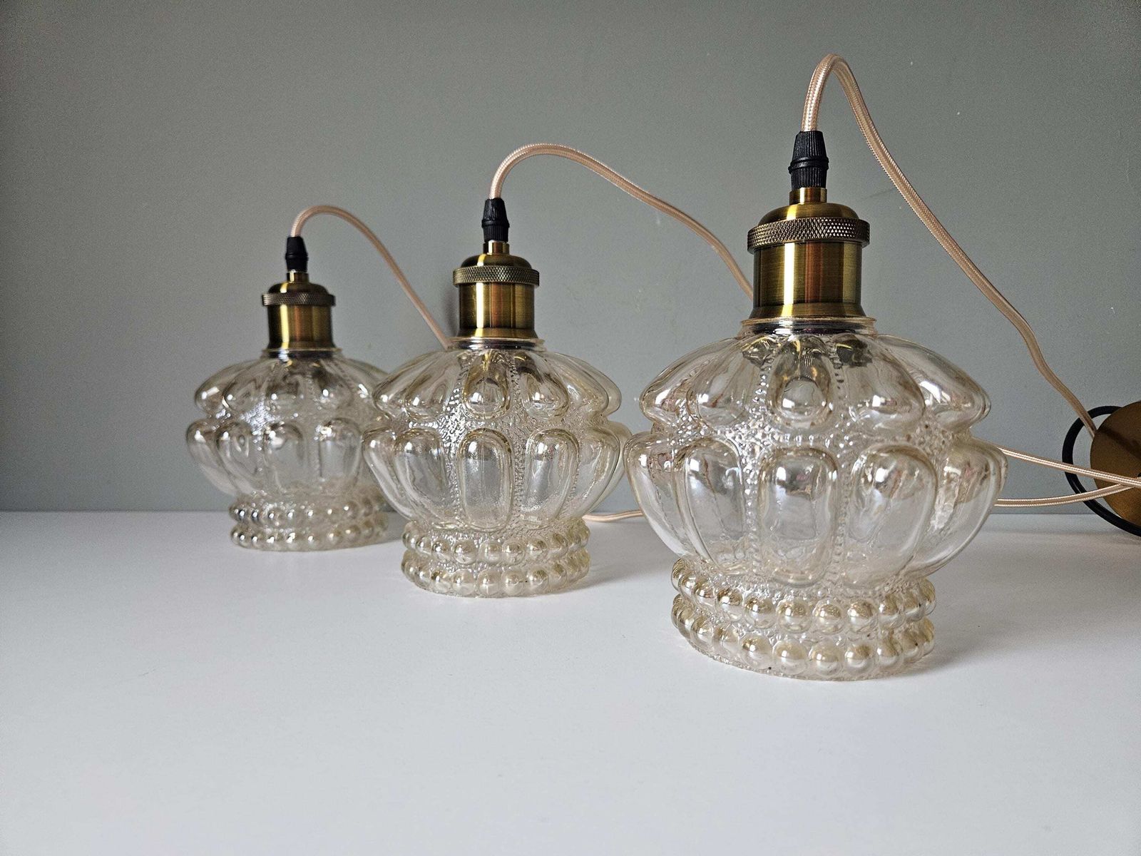 photo furniture Set Of 3 / Vintage Textured Glass Pendant Light – Clear Bubble Glass, Mid Century Style, Amber Glass