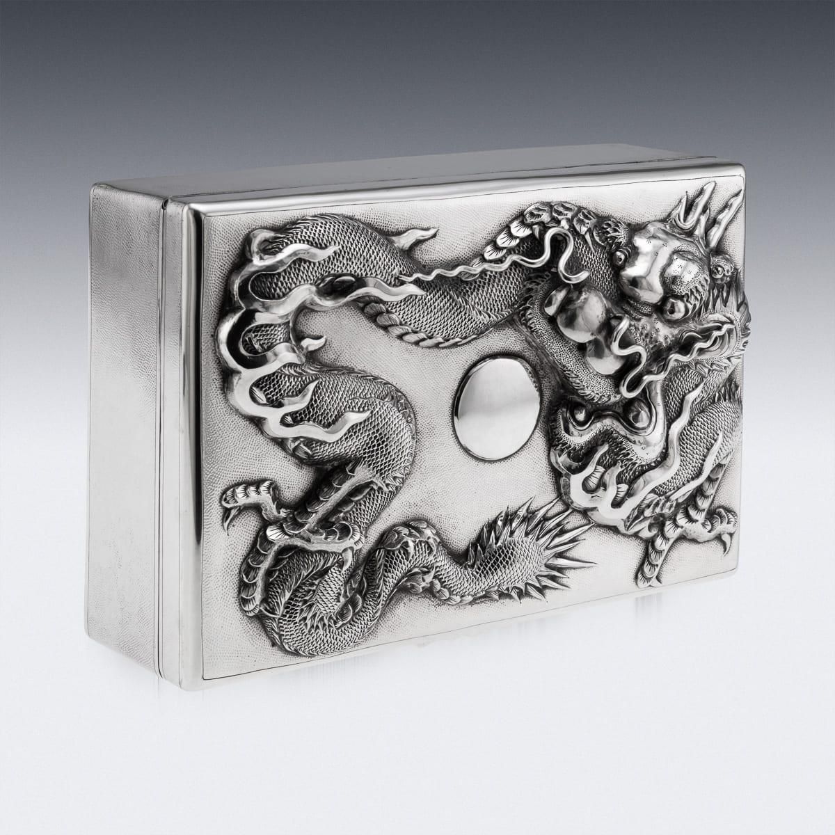 Antique Japanese Meiji Period Silver Humidor Box With Dragon Relief photo buy