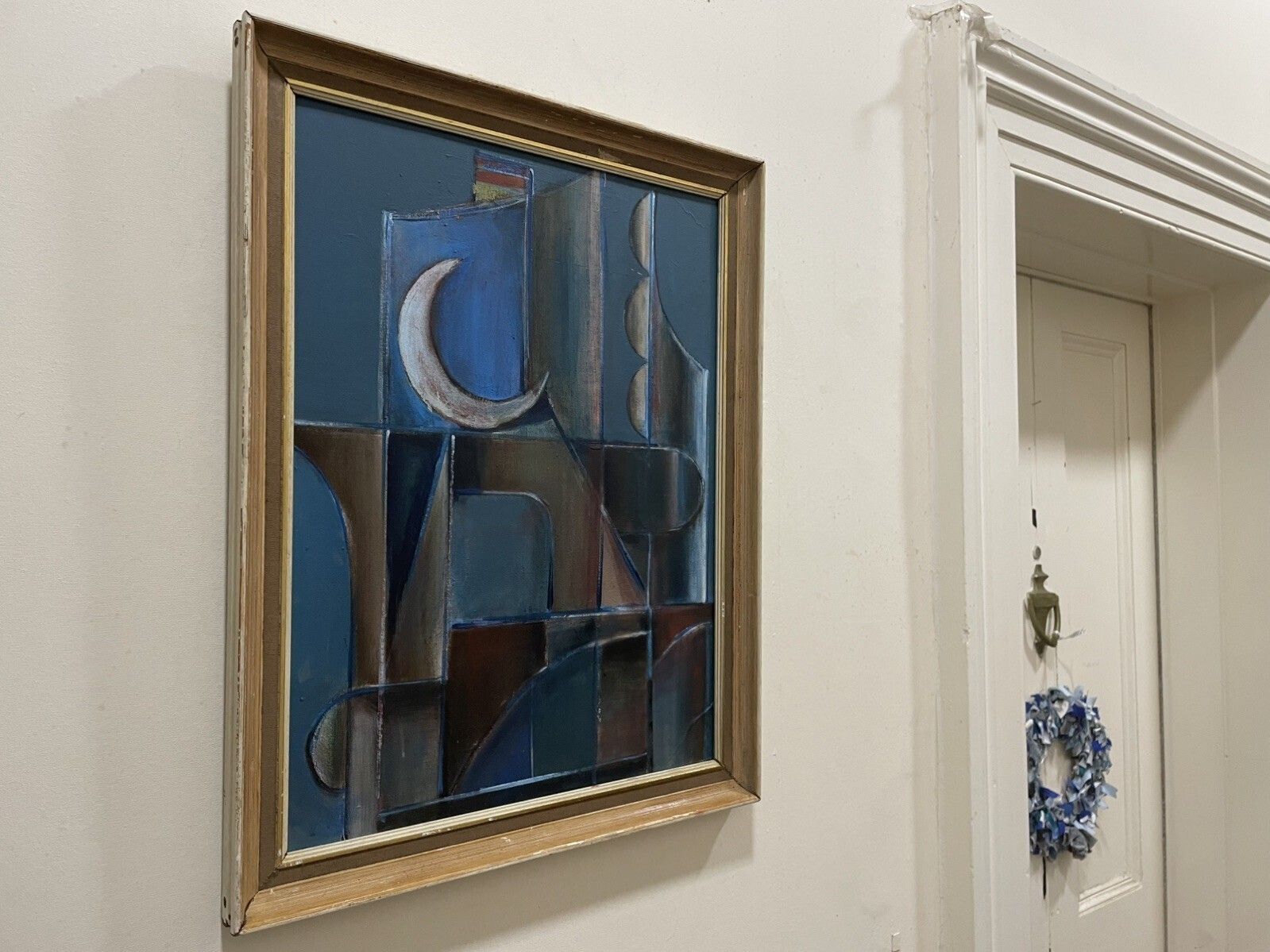 Vintage Abstract/Cubist Oil Painting Mid Century Framed On Board Moon River photo vintage