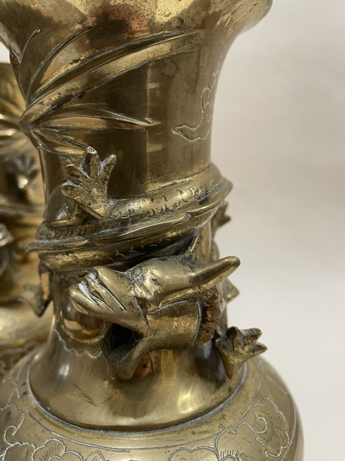 Pair Of  Heavy Brass Vases With Dragon Details Wrapped Round The Neck Vgc photo for sale