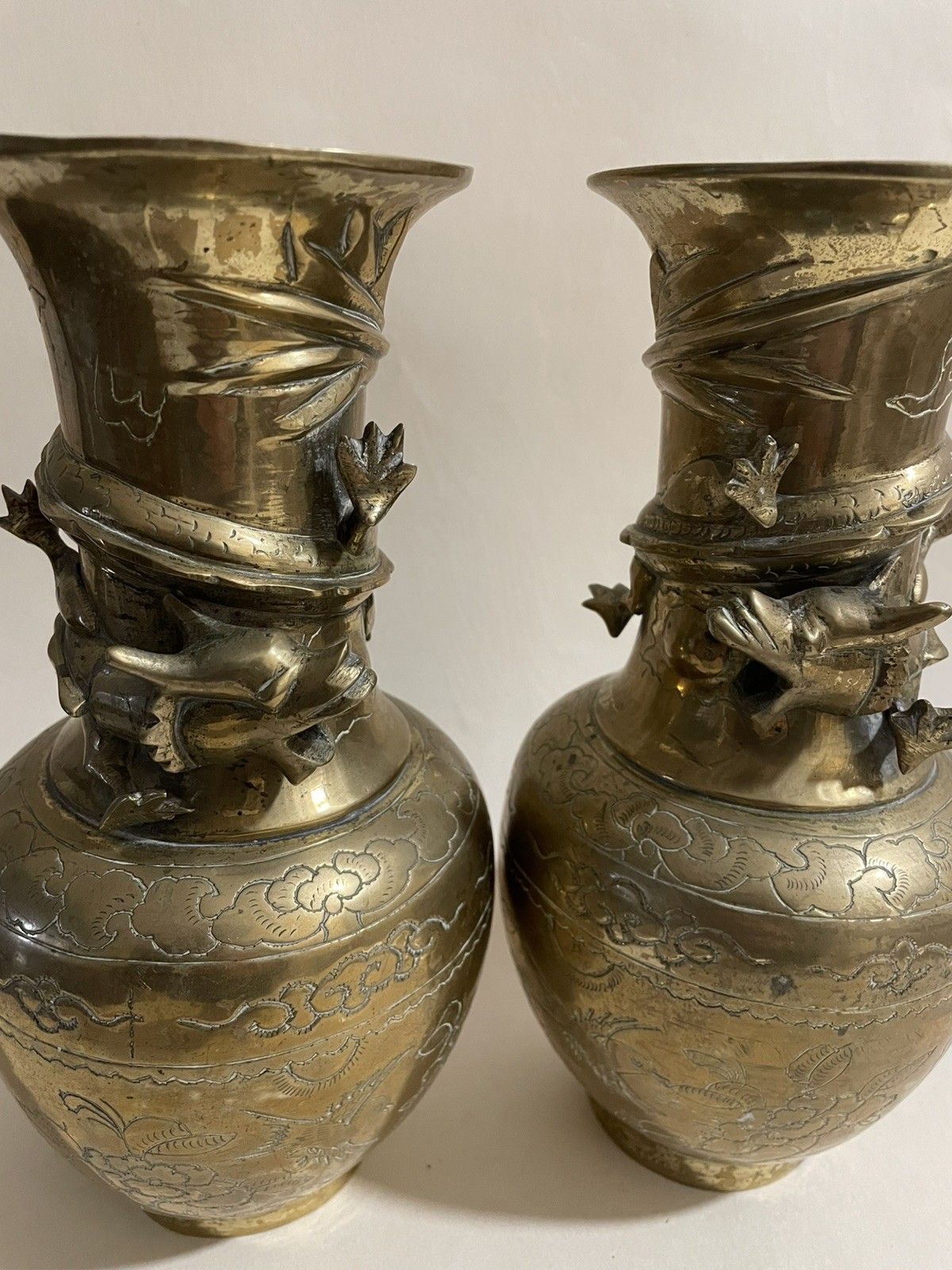 photo furniture Pair Of  Heavy Brass Vases With Dragon Details Wrapped Round The Neck Vgc