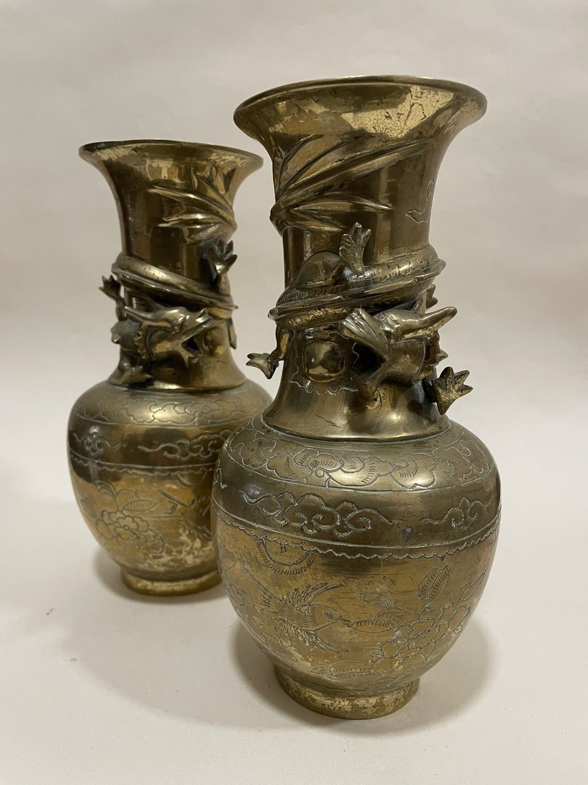 photo buy Pair Of  Heavy Brass Vases With Dragon Details Wrapped Round The Neck Vgc