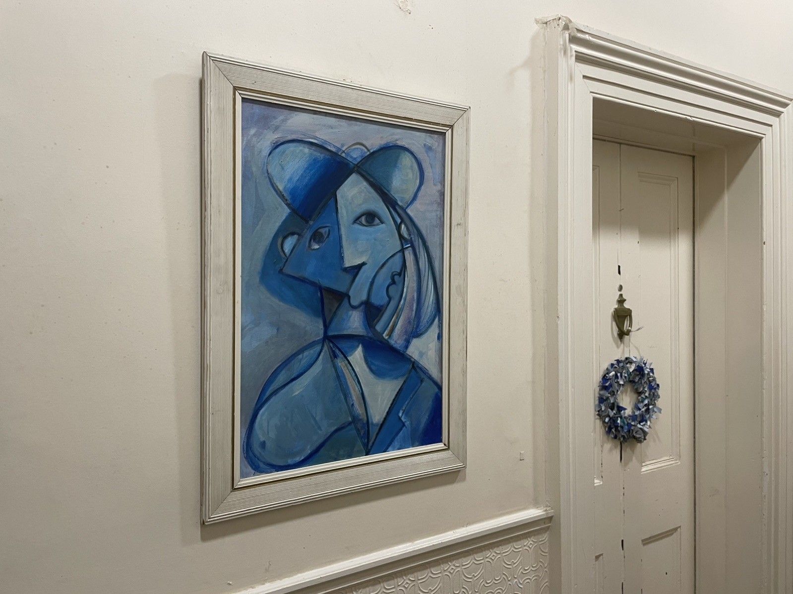 Large Vintage Original Oil Painting  Style Of Picasso Blue Woman Portrait Framed photo 575.0