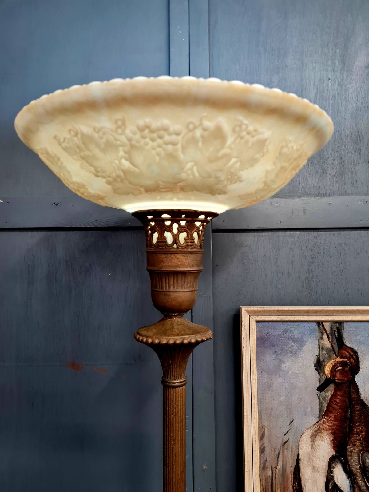 Brass Plated Pressed Glass Torchiere Floor Lamp | Art Nouveau Revival photo furniture