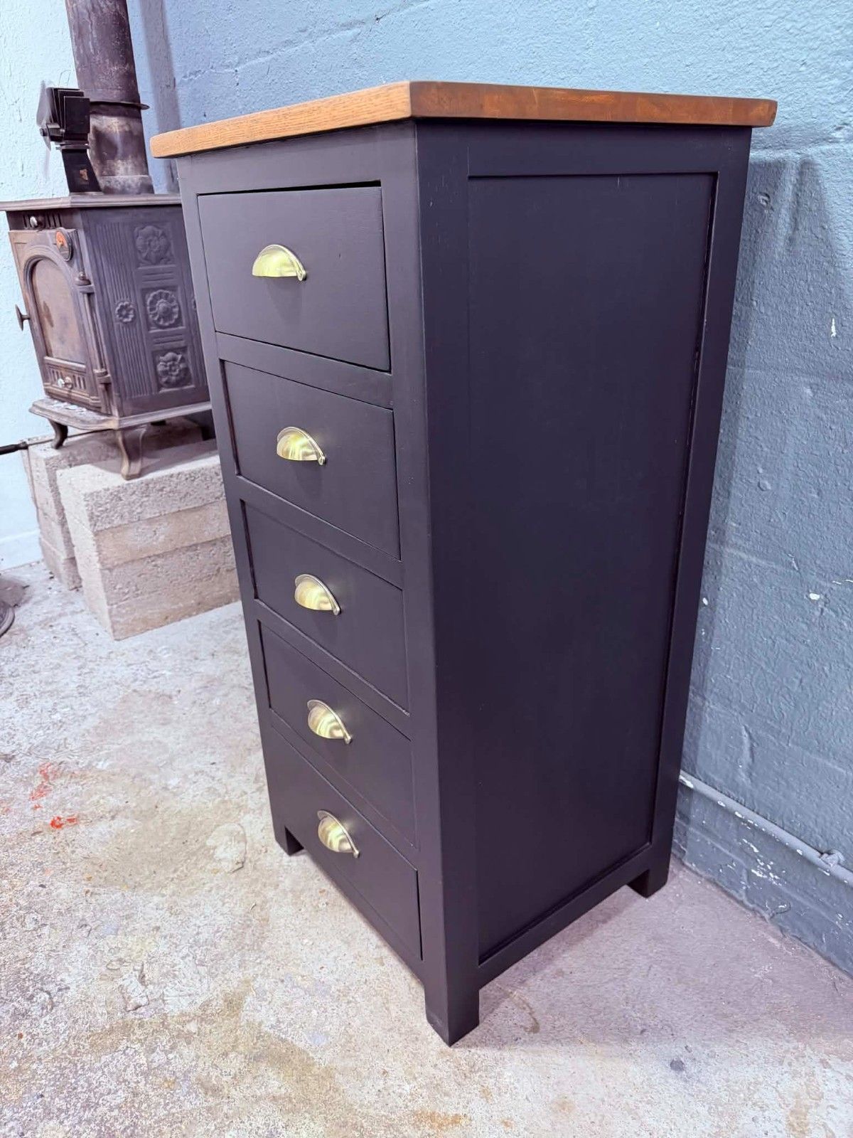 Professionally Hand Painted Oak Tall Chest Of Drawers Upcycled In Fusion Black photo for sale