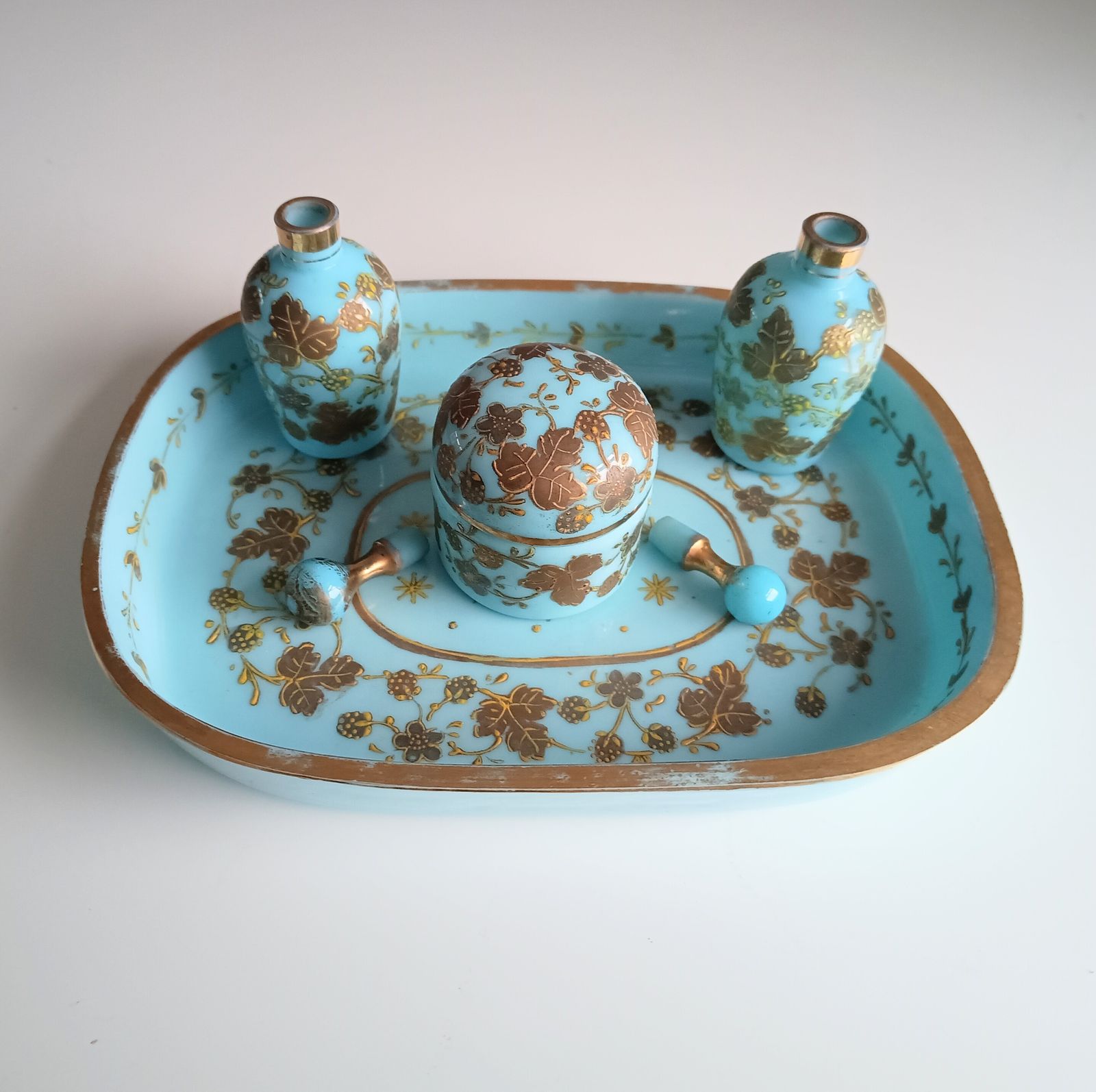 Robin Egg Blue Opaline Glass Set: Perfume Bottles, Rouge Jar & Tray, Palais Royal Baccarat Circle photo Home Decor