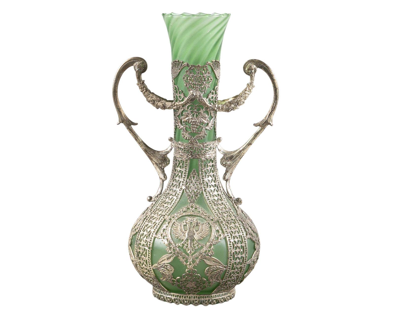 Antique Silver Vase, Art Nouveau Green Glass Vase With Silver Overlay, Early 20c photo vintage
