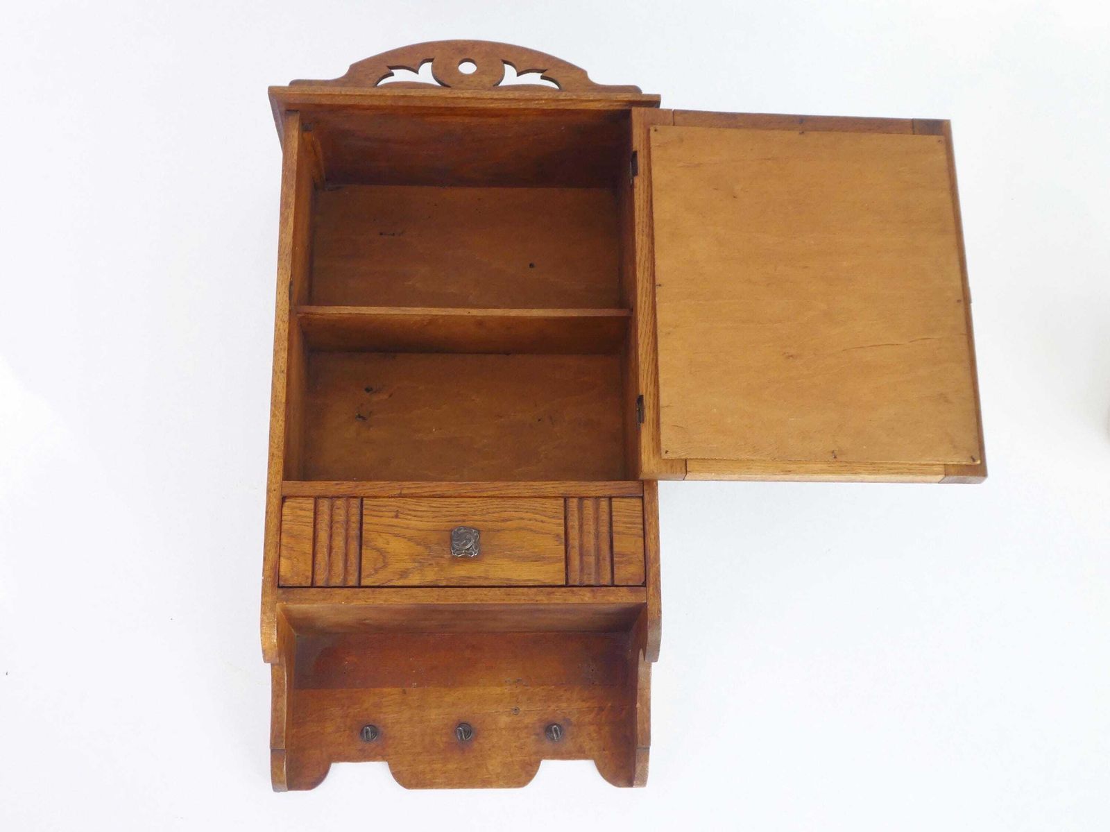 359.0 Antique Small Wooden Cabinet With Arch Mirror, Carved Apothecary With Floral Details, Small Chest, Farmhouse Decor photo