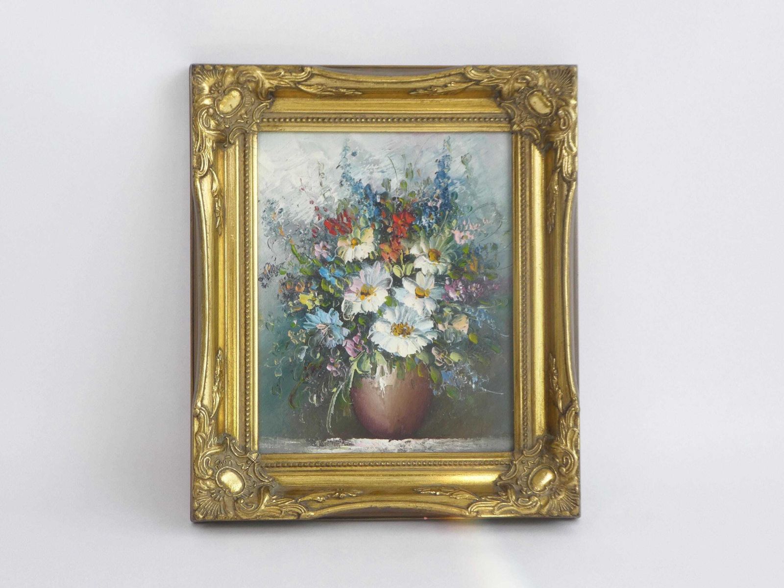 Vintage Floral Still Life Painting, Golden Framed Colourful Oil Painting, Wall Hanging photo furniture