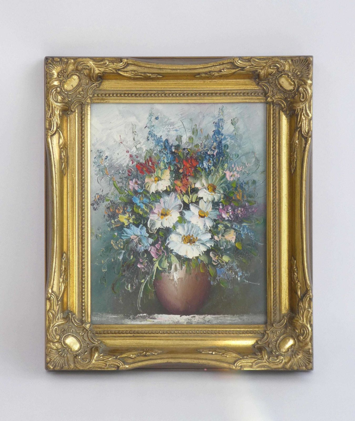 Vintage Floral Still Life Painting, Golden Framed Colourful Oil Painting, Wall Hanging photo for sale