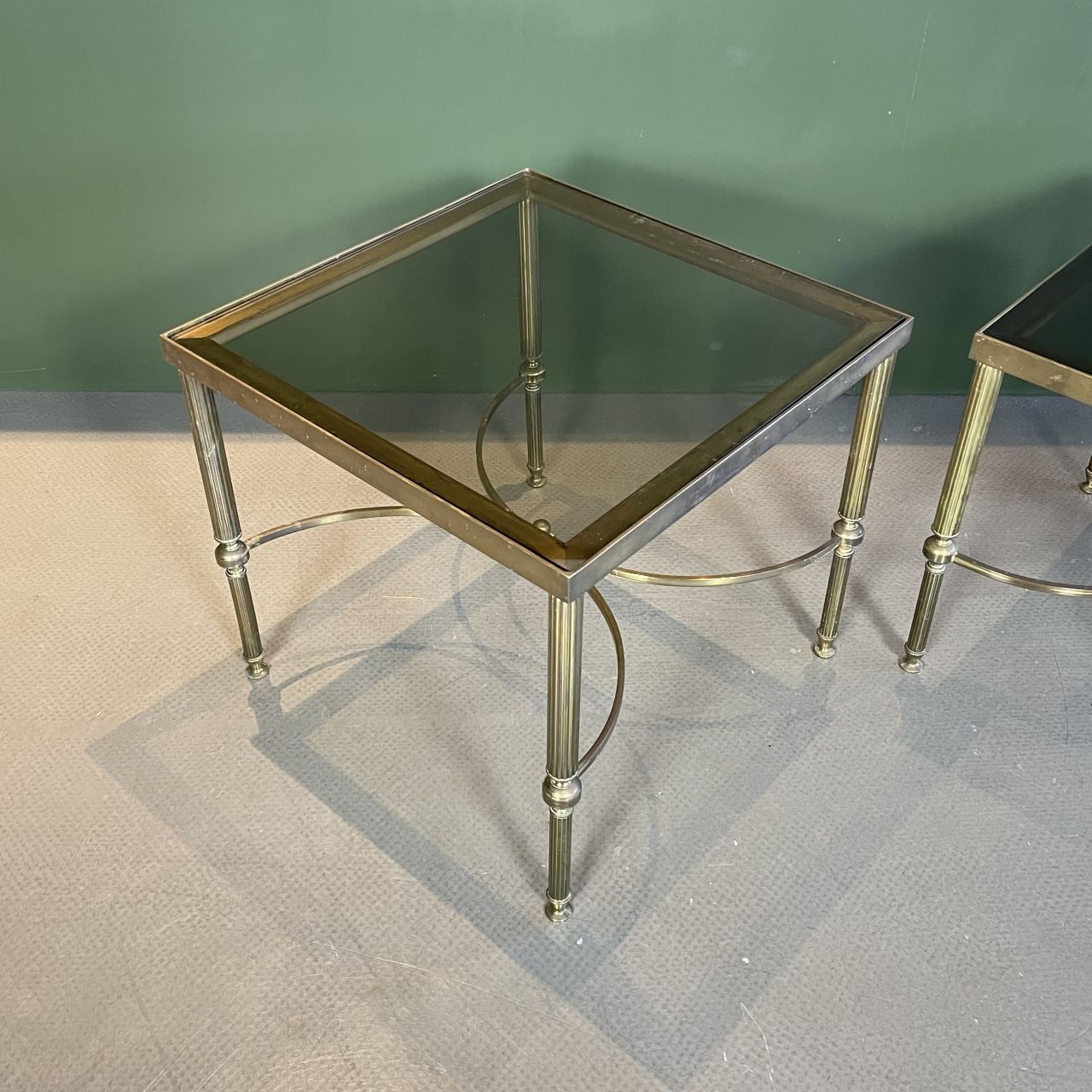 Pair Of Midcentury Brass And Smoked Glass Coffee Tables photo furniture