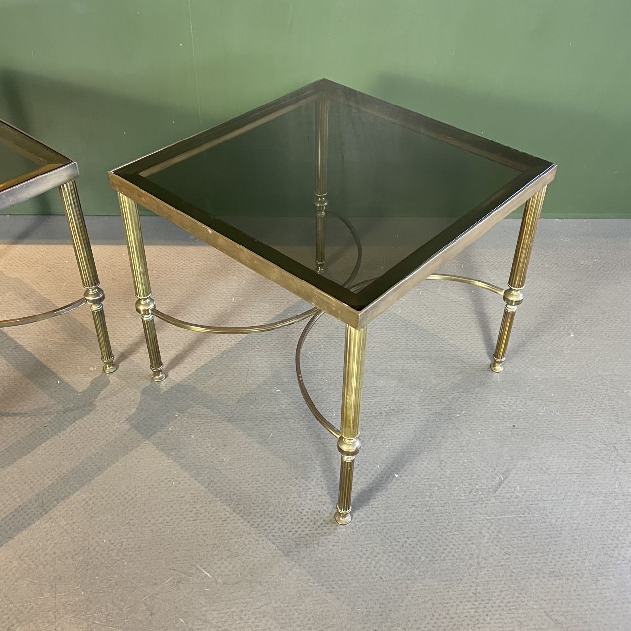 Pair Of Midcentury Brass And Smoked Glass Coffee Tables photo for sale