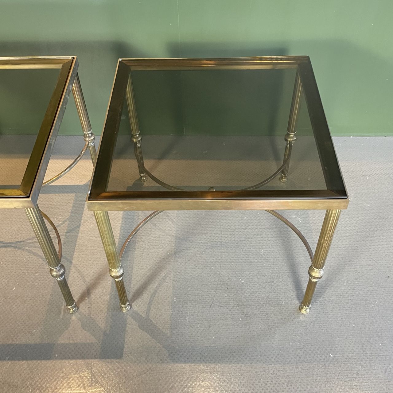 Pair Of Midcentury Brass And Smoked Glass Coffee Tables photo buy