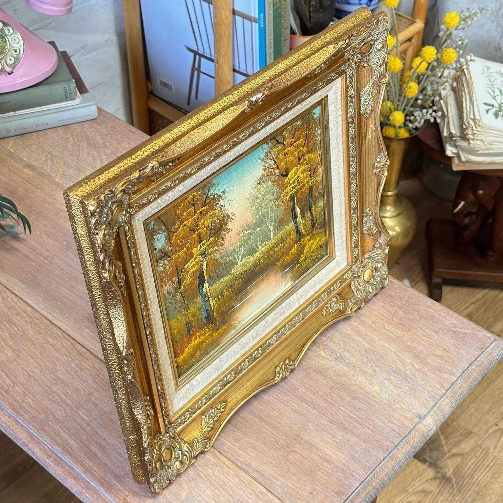 Signed G. Aubert Oil Painting Vintage Autumn Landscape Ornate Gold Gilt Frame photo for sale