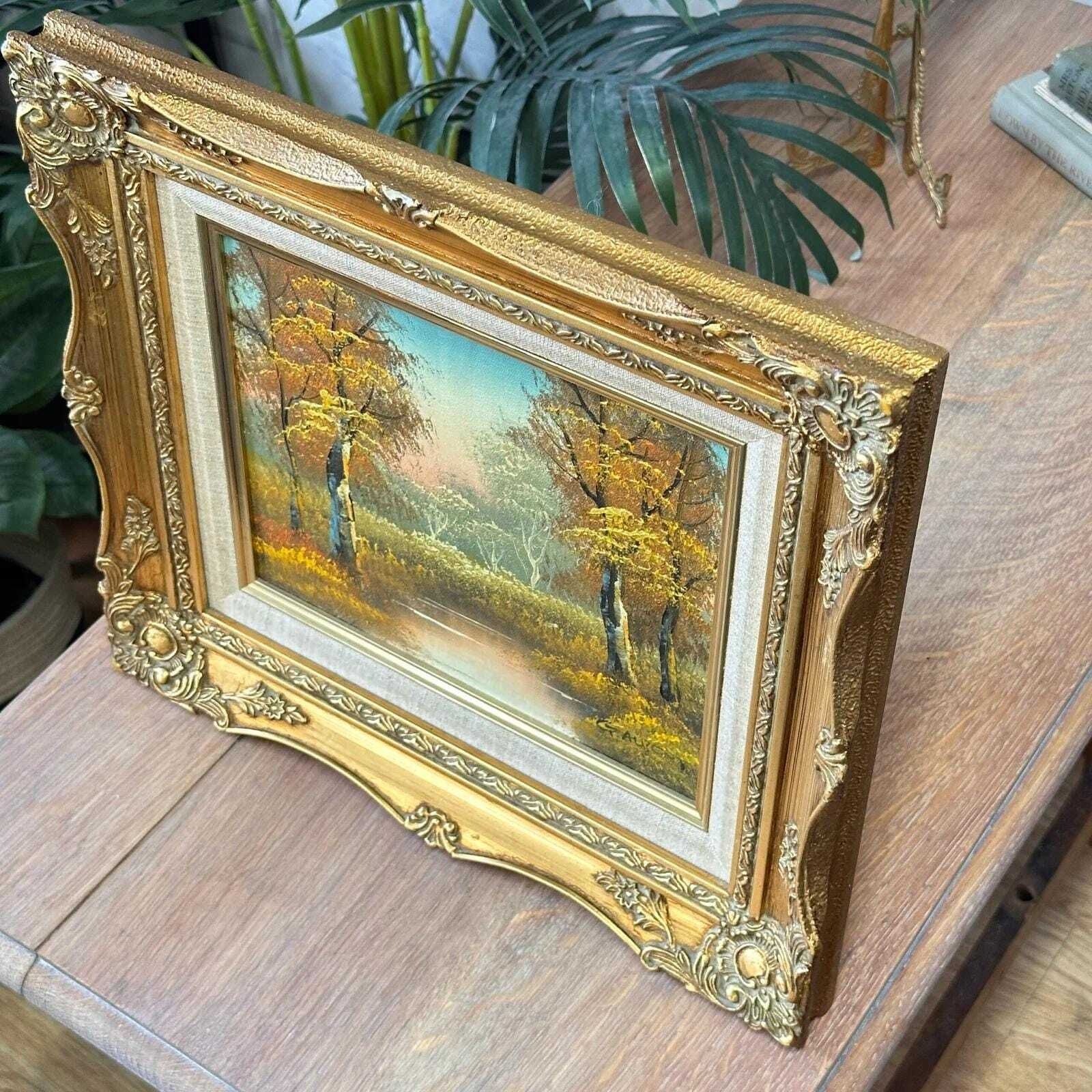 Signed G. Aubert Oil Painting Vintage Autumn Landscape Ornate Gold Gilt Frame photo Art