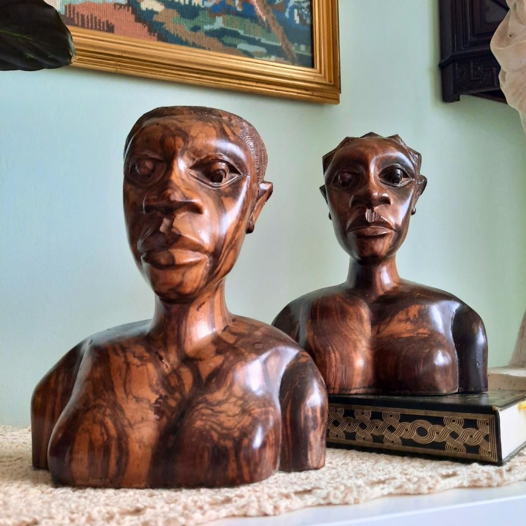 Mid Century African Marbled Wood Hand Carved Figural Bust Of A Male And Female Statue Bookends photo vintage