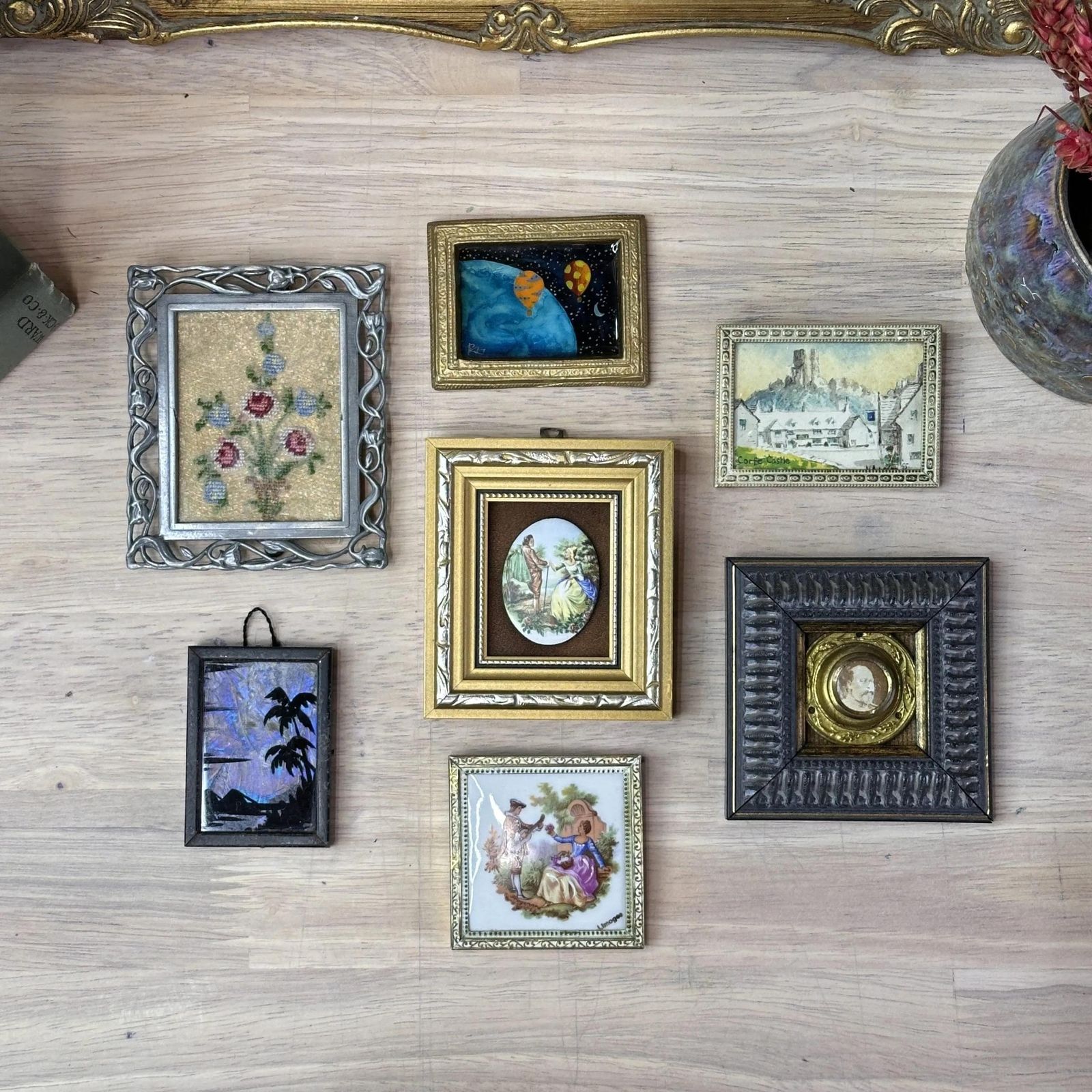 7x Vintage Miniature Art Lot Butterfly Wing Limoges Needlepoint Eclectic Gallery