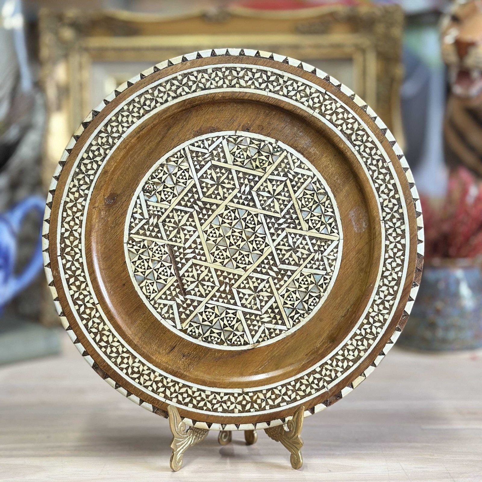 Egyptian Islamic Mother Of Pearl Inlaid Wooden Decorative Plate Wall Hanging