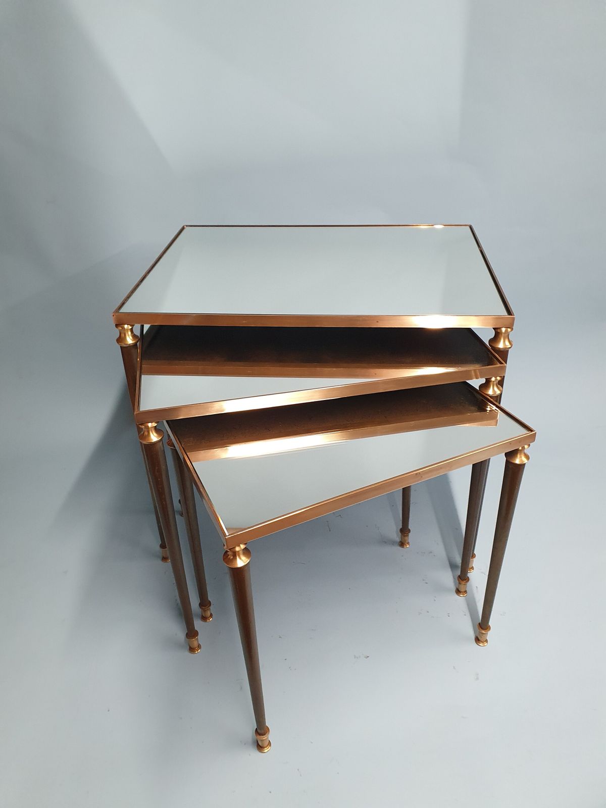 French Nest Of Three Brass Tables With Mirrored Tops