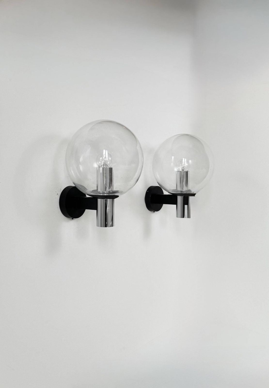 Lighting Pair Of Vintage Xl Wall Lights, Chrome Metal And Bubble Glass, France, 1970. photo