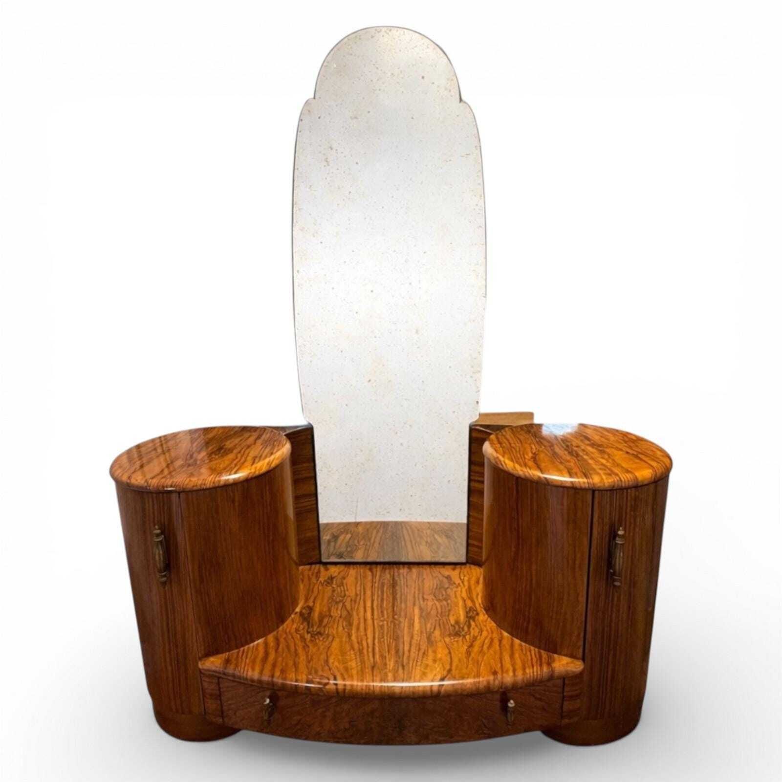 Shrager Art Deco Burr Walnut Dressing Table Vanity With Mirror & Side Cabinets photo furniture