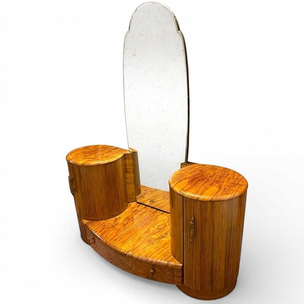 photo for sale Shrager Art Deco Burr Walnut Dressing Table Vanity With Mirror & Side Cabinets