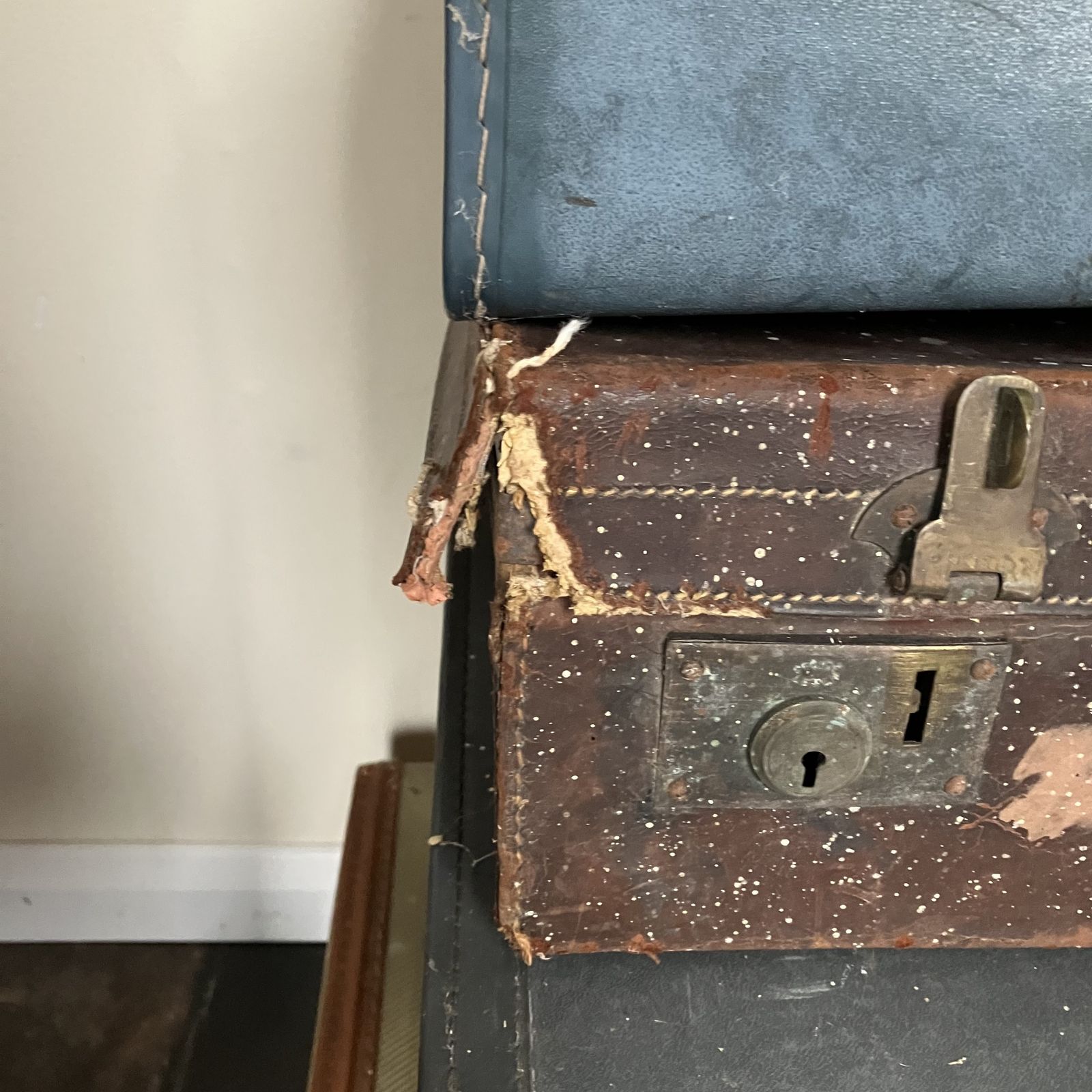 Collection Of Old Luggage To Include Revelation Suitcase, Brown Leather And Blue Leather Suitcases; Shop Display, Props photo vintage