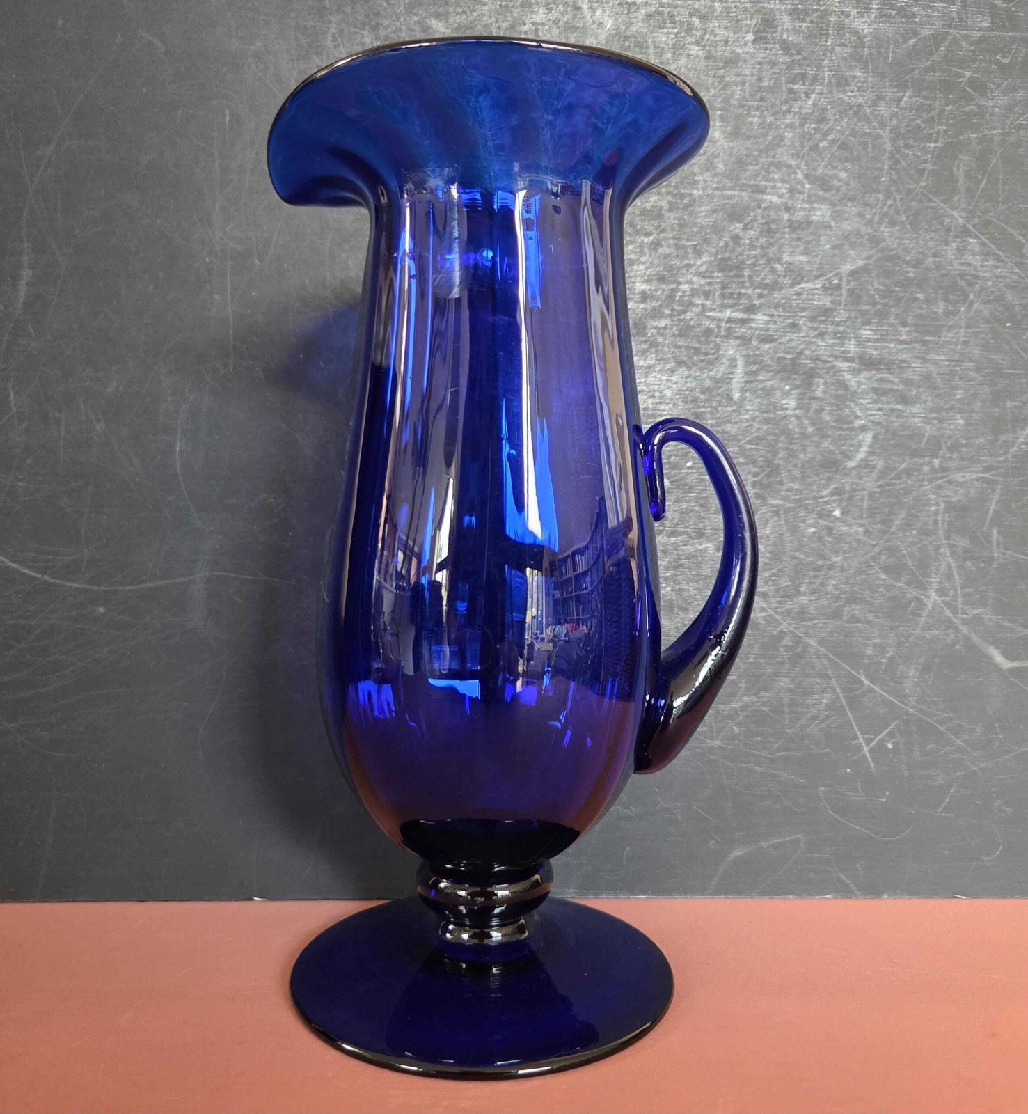 A Vintage Cobalt Blue Glass 24cm Pitcher Vase By Exeter Swan Crystal, Devon, 1990s photo vintage