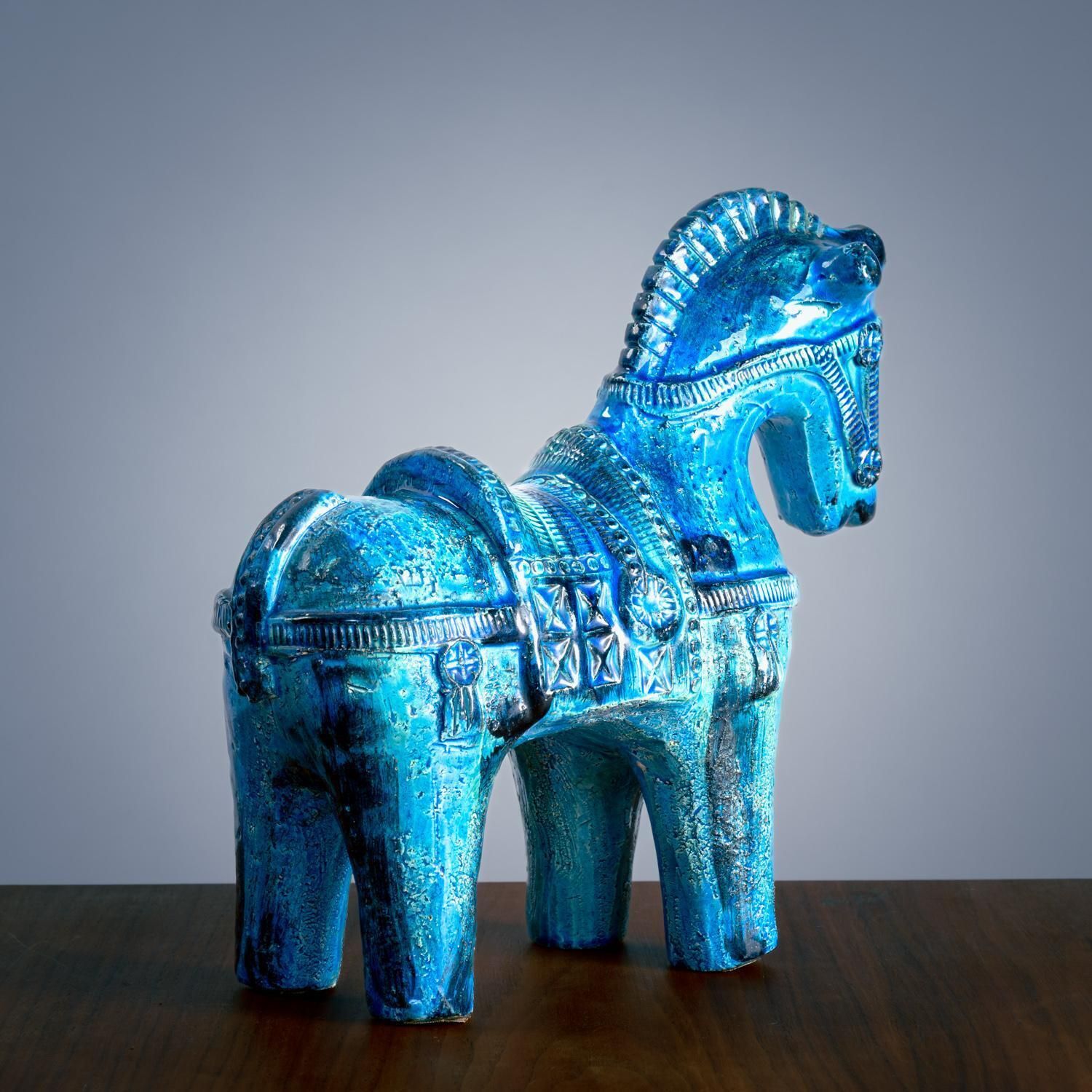 Bitossi Rimini Blue Horse Sculpture By Aldo Londi, Italy, Signed photo Art