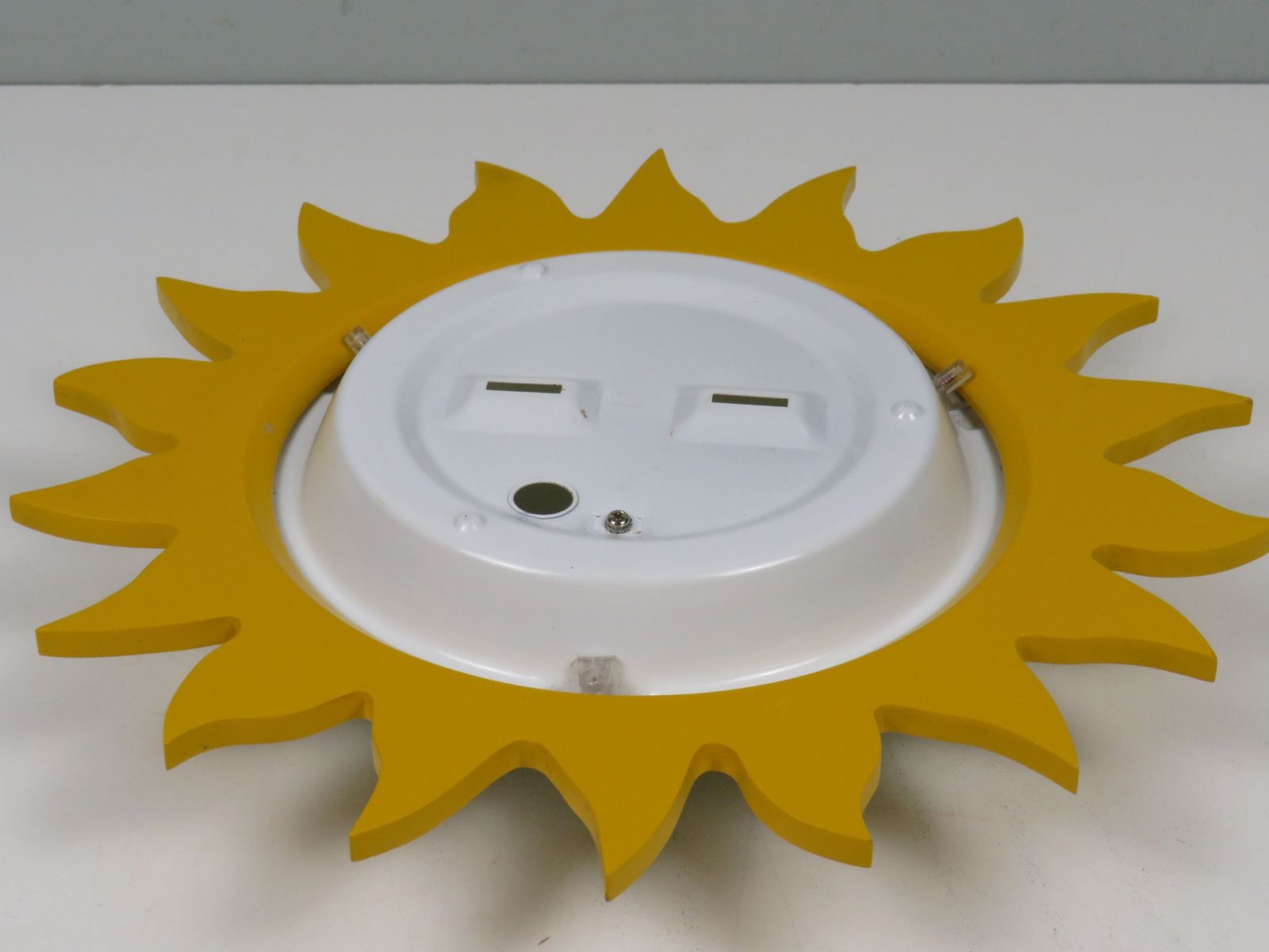 Vintage Sunburst Ceiling Light By Massive Belgium, Opaline Milk Glass & Yellow Lacquered Wood photo vinterior