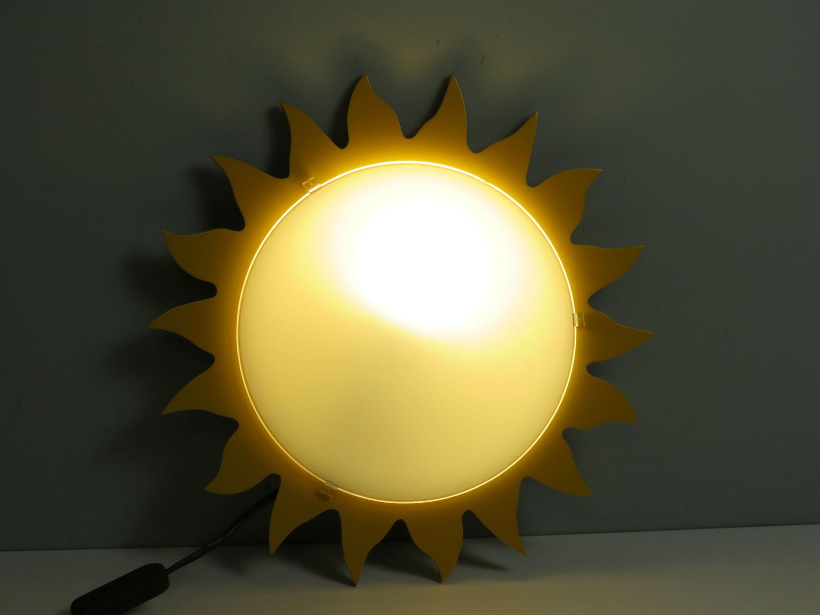 Vintage Sunburst Ceiling Light By Massive Belgium, Opaline Milk Glass & Yellow Lacquered Wood photo vintage