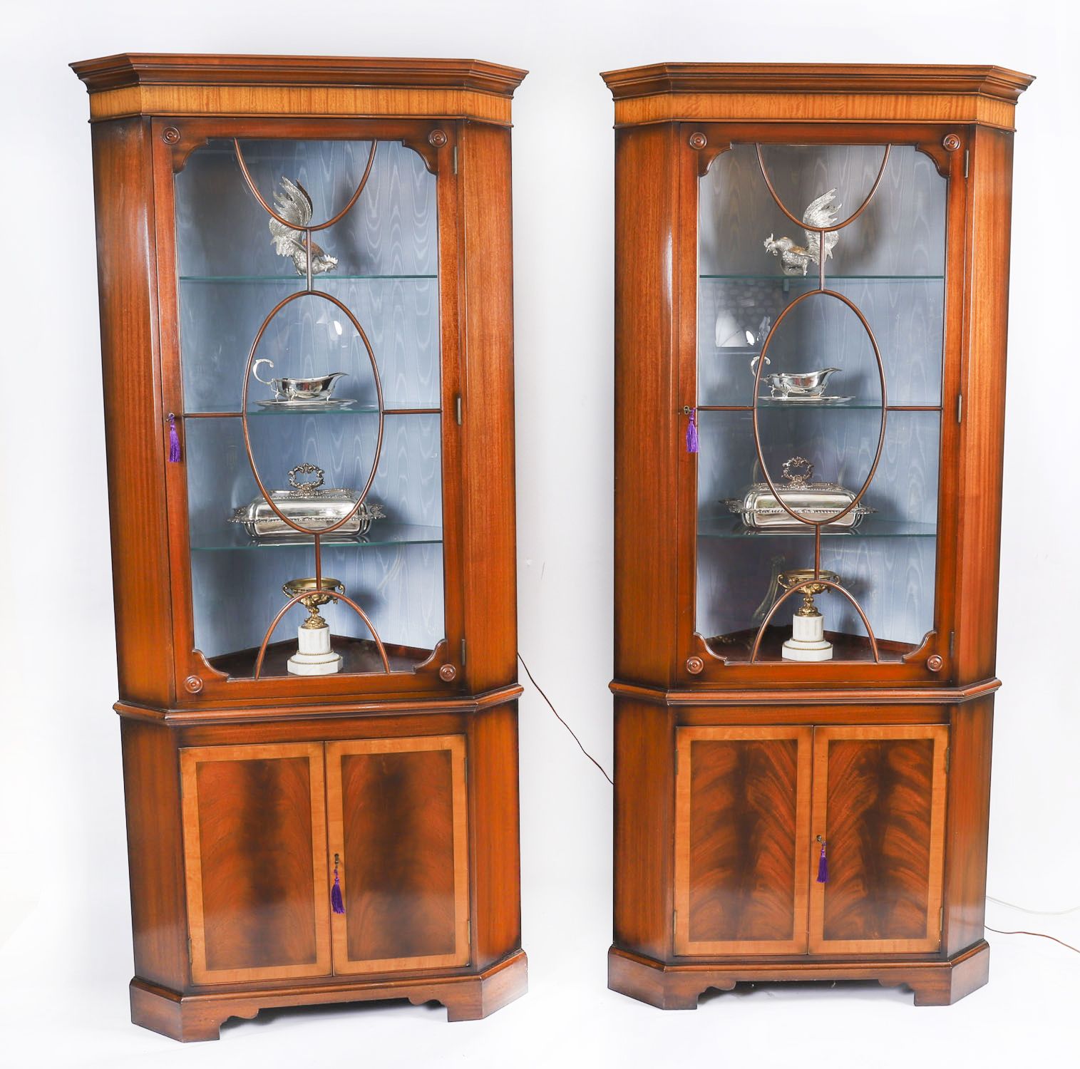Pair Vintage English Flame Mahogany Corner Display Cabinets Harrods 20thc photo furniture