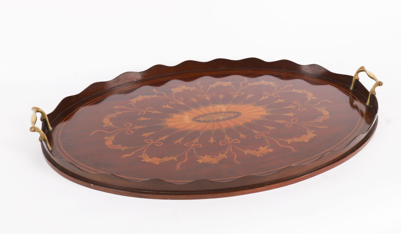 English Oval Edwardian Marquetry Butler's Tray C1900