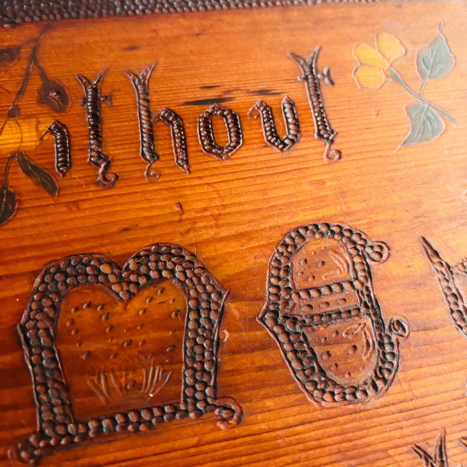 Rare Antique 1903 Pyrography Wood Art: 'Without Me' Folk Picture photo Art